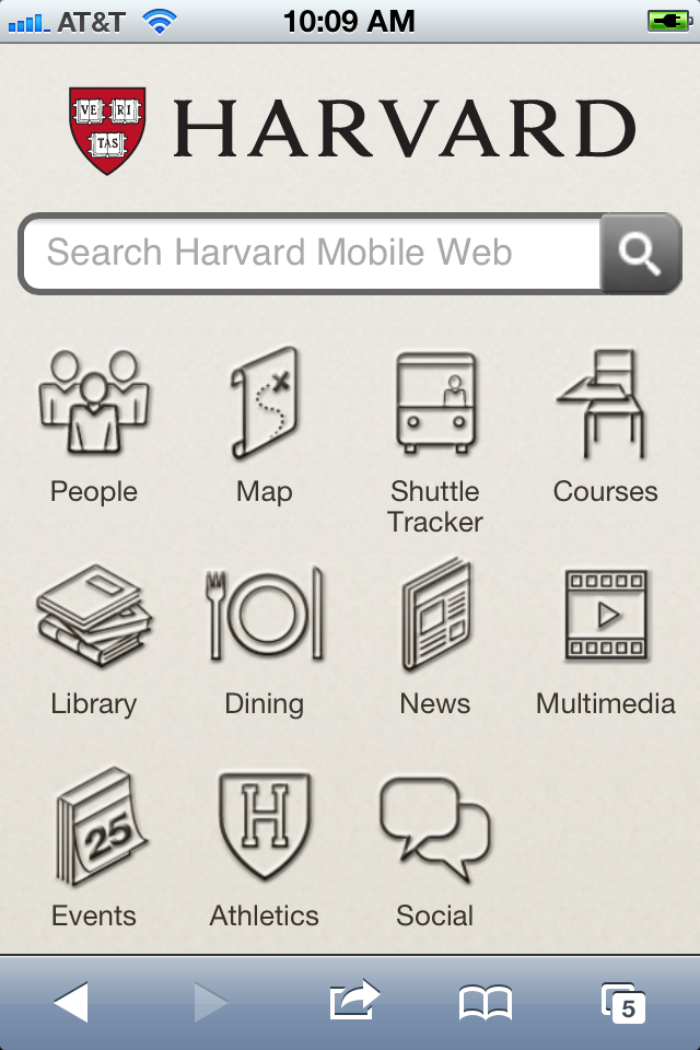 Harvard's mobile site prioritizes the needs of people on campus.